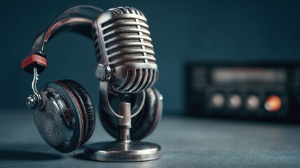 Professional radio microphone with over-ear headphones on studio desk for podcasting, broadcasting, audio recording, voice-over production, live streaming, and digital content creation technology setu