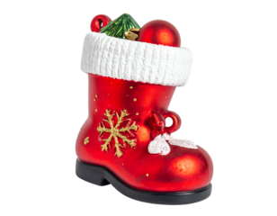 Shiny red boot ornament with snowflake, filled with festive items
