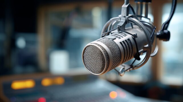 Close-up of professional microphone on table in modern recording studio for podcasting, broadcasting, and audio production, lifestyle concept with high-tech equipment and creative workspace setup - Powered by Adobe