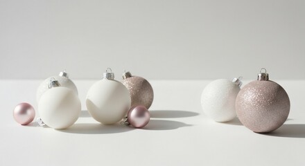 A serene Christmas Background scene with white and pink ornaments on a minimalist white surface