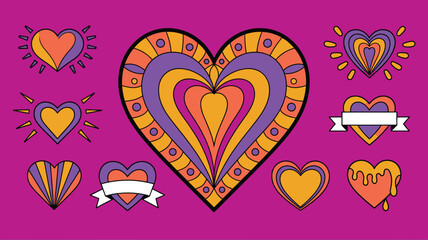 Large central heart with radiant wavy stripes surrounded by smaller hearts and ribbon banners on a magenta backdrop