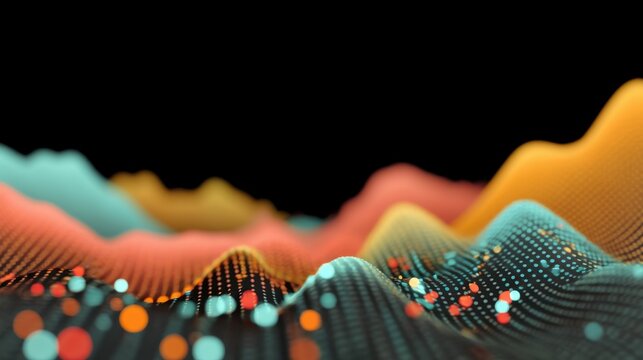 Abstract 3D Visualization of Colorful Digital Waves with Light Dots and Smooth Curves Against a Black Background Representing Data and Technology