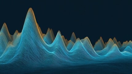 Abstract digital landscape with vibrant blue and orange wave patterns representing sound frequency or data visualization on dark background