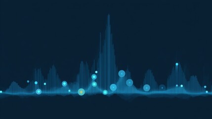 Abstract sound wave visualization with vibrant peaks and circular nodes on dark background representing audio frequencies and digital sound analysis concepts