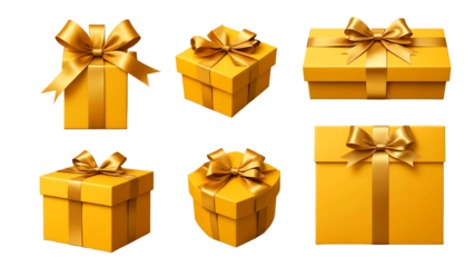 set of gift boxes with ribbons.Set of yellow gift box with golden ribbon isolated on transparent background 