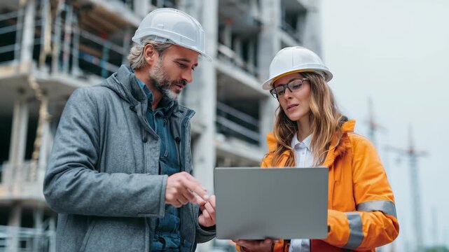 Two construction professionals reviewing plans on a laptop at a building site, 4k high quality footage