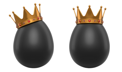 Black eggs adorned with golden crowns with red gemstones, isolated on white transparent background. Concept of wealth, luxury, and exclusivity