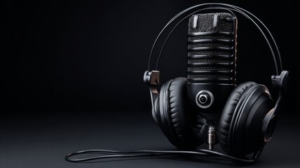 Professional black studio microphone with headphones on dark background, modern audio recording setup for podcasting, radio broadcasting, voice over, music production, sound engineering, and digital c