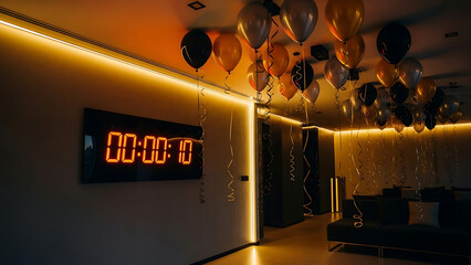 Indoor room decorated with balloons and a digital countdown timer on the wall, illuminated by warm LED lighting.