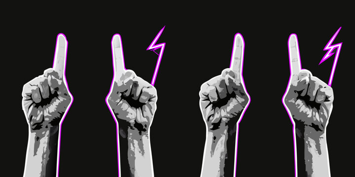 Raised hands with glowing fingers and electric sparks in dark background