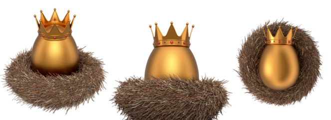 Elegant eggs adorned with golden crowns with red gemstones in bird nests, isolated on white transparent background. Concept of wealth, luxury, and exclusivity