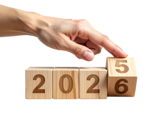 Hand Flipping Wooden Number Block from 2025 to 2026 — New Year Transition Concept, PNG 