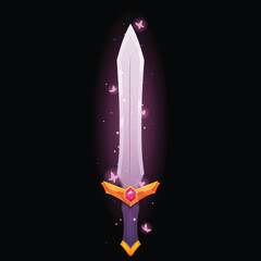 Obraz premium Cartoon shiny sword with sparkles, vector game fantasy saber with handle decorated gemstone, ancient warrior weapon