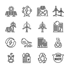 Comprehensive line icon set representing sustainable energy solutions, eco-friendly technology, and environmental protection concepts for a greener future and waste reduction