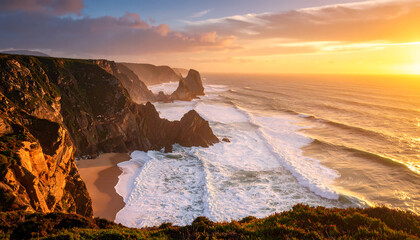 A serene coastal landscape at sunset with waves crashing against the rocky cliffs and sandy beach