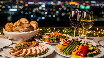 An elegant dinner spread featuring sliced turkey, grilled vegetables, and bread, accompanied by red and white wine, set on a table with string lights and a city night view in the background.