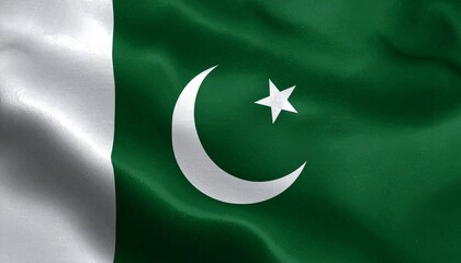 Pakistan flag with dark green field, white vertical stripe, crescent moon and five-pointed star.