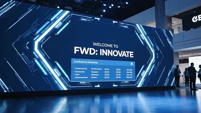 Gigantic digital welcome screen displays 'FWD: INNOVATE' at a sleek tech conference with a futuristic blue abstract design.