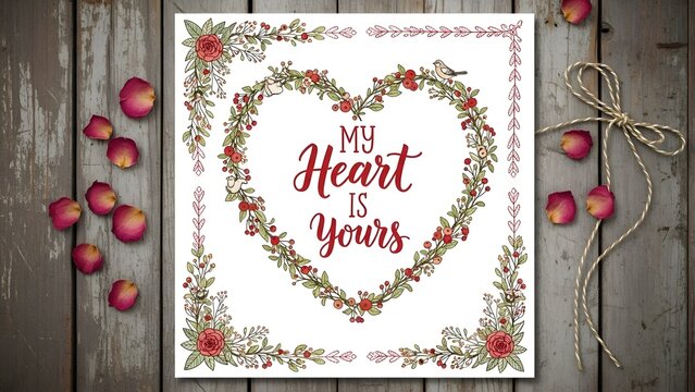 Rustic Aesthetic Floral Heart My Heart Is Yours Love Card With Rose Petals - Powered by Adobe
