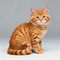 A photorealistic, studio portrait of a young, fluffy ginger tabby kitten, captured in a three-quarter profile, sitting upright with its body