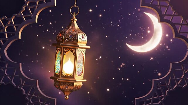 A detailed, ornate golden Ramadan lantern glows brightly with a warm light, suspended before a serene dark night sky featuring a prominent crescent moon and sparkling stars.