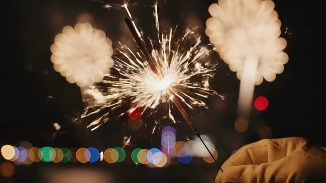 Vivid Fireworks Display Illuminates Night Sky with Bright Explosions and Colorful Palm Shapes