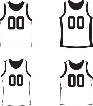 Collection of four black and white basketball jerseys with number 00