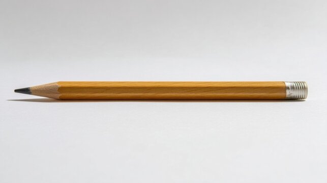 A single unsharpened wooden pencil lies on a light grey surface, featuring a graphite tip and a silver ribbed ferrule,