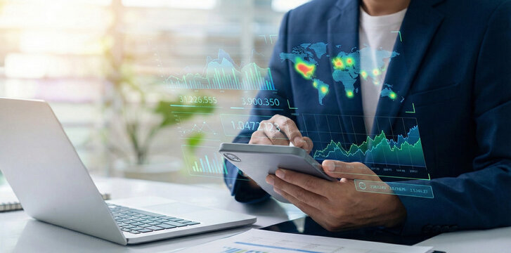 
Innovative finance and investment solutions integrating data analytics and AI technology to boost business growth, refine strategy, Businessman analyzing financial data on smartphone dashboard. - Powered by Adobe