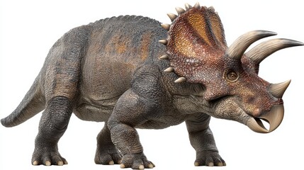 Obraz premium A large triceratops walks through a green landscape with trees and plants under bright sunlight. The dinosaur has three facial horns and a bony frill.