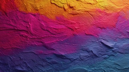 Naklejka premium A textured wall features bright colors in shades of pink orange and blue. The paint creates a layered look with visible patterns and depth under natural light.