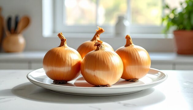 Four whole yellow onions on white plate, set on bright kitchen counter with sunlight and blurred background.