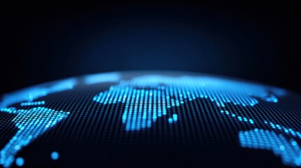 Digital representation of a global map with glowing blue dots highlighting continents and countries against a dark background, symbolizing connectivity and technology
