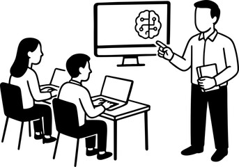 Vector Illustration of Teacher Explaining AI to Students with Laptops