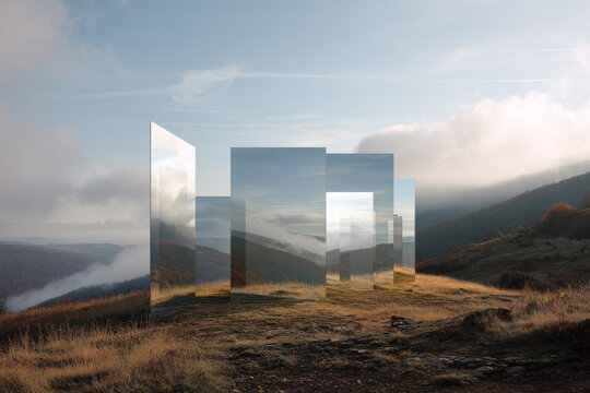 A surreal installation of giant mirrors on a mountain ridge reflecting the sky, fog, and endless natural landscape.