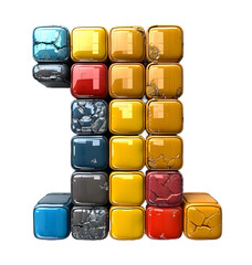 3D rendering of number 1 made of Yellow and Red squares blocks on full white background High quality photo