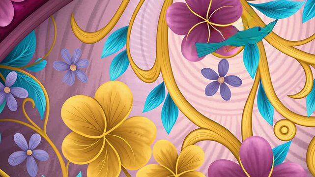 Animation of surreal vintage flower and bird painting concept. Features vibrant flowers and intricate leaf patterns in a rich, artistic style. 