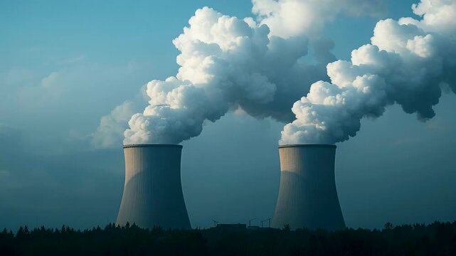 Twin cooling towers emitting thick white steam against overcast sky landscape