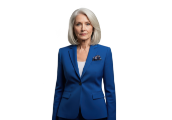Confident mature businesswoman in blue blazer standing against transparent background