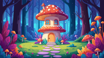 Enchanting mushroom house nestled in a vibrant, magical forest clearing with glowing flora and whimsical ambiance © Purnomo
