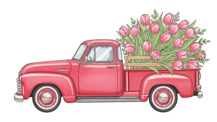Classic Red Farm Truck Carrying a Fresh Bouquet of Pink Spring Tulips