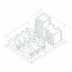 Architectural drawing of residential buildings and apartment block. © Mukhamad