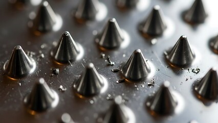 Macro image of metal studs on a textured surface, showing tiny debris