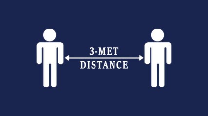 Social distancing animation of male and female icon on background. Male wearing face mask icons maintaining social distancing against blue background 4k motion video