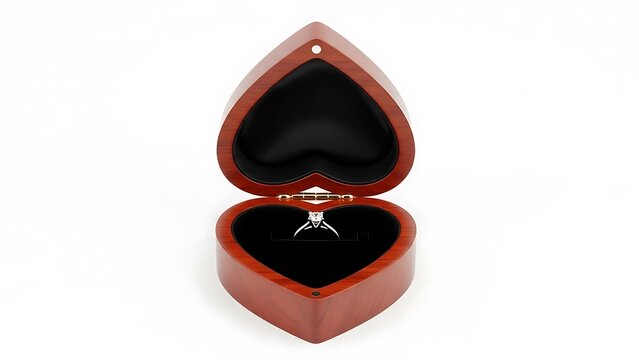 Open Heart-Shaped Wooden Ring Box with Diamond Engagement Ring