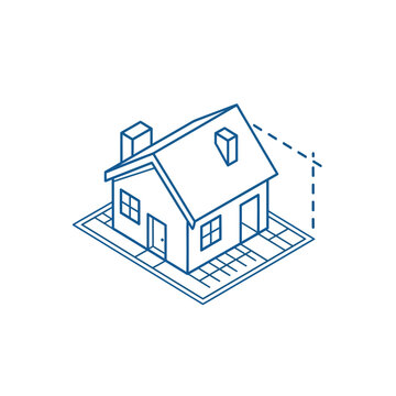 Blueprint of a house with isometric view and architectural drawing elements.