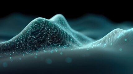 Abstract digital waves of fine particles glowing in blue tones creating a futuristic landscape resembling an ethereal 3D ocean of data