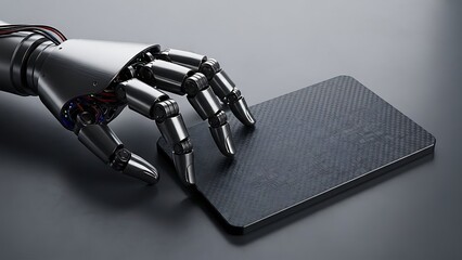 Mechanical Hand Holding Tablet in Low Key Light Technology Concept