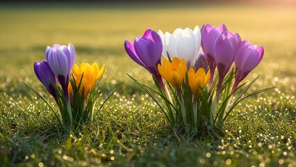 purple crocuses in the grass
blossom, tulip, bloom, field, petal, yellow, tulips, pink, purple, flower, flora, grass, season, beautiful, easter, color, violet