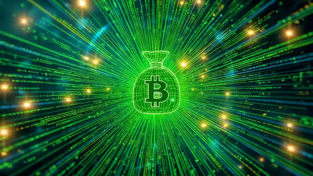 Green digital bitcoin symbol radiating light rays across abstract data styled background